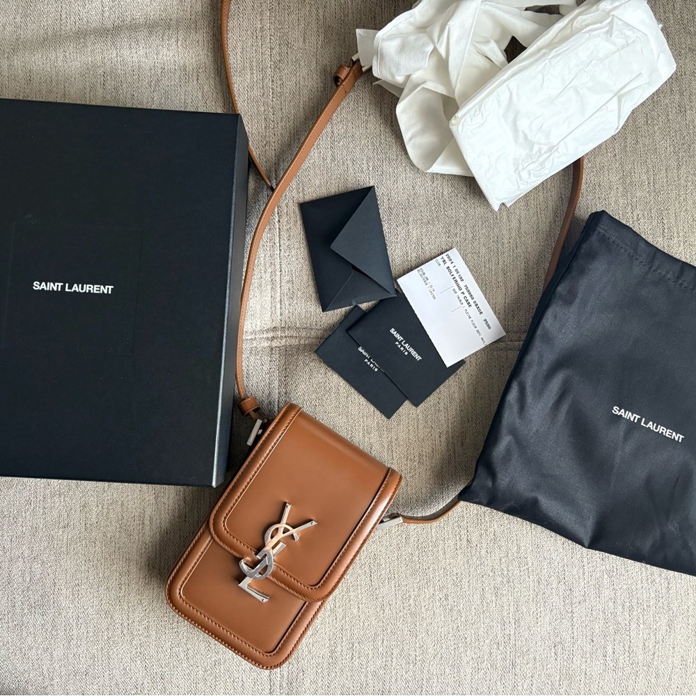 Saint Laurent Tan fox brown Leather YSL solferino phone holder silver mini bag